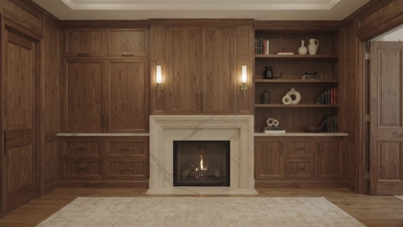 Paneled library with fireplace surround, built-in shelving and cabinetry